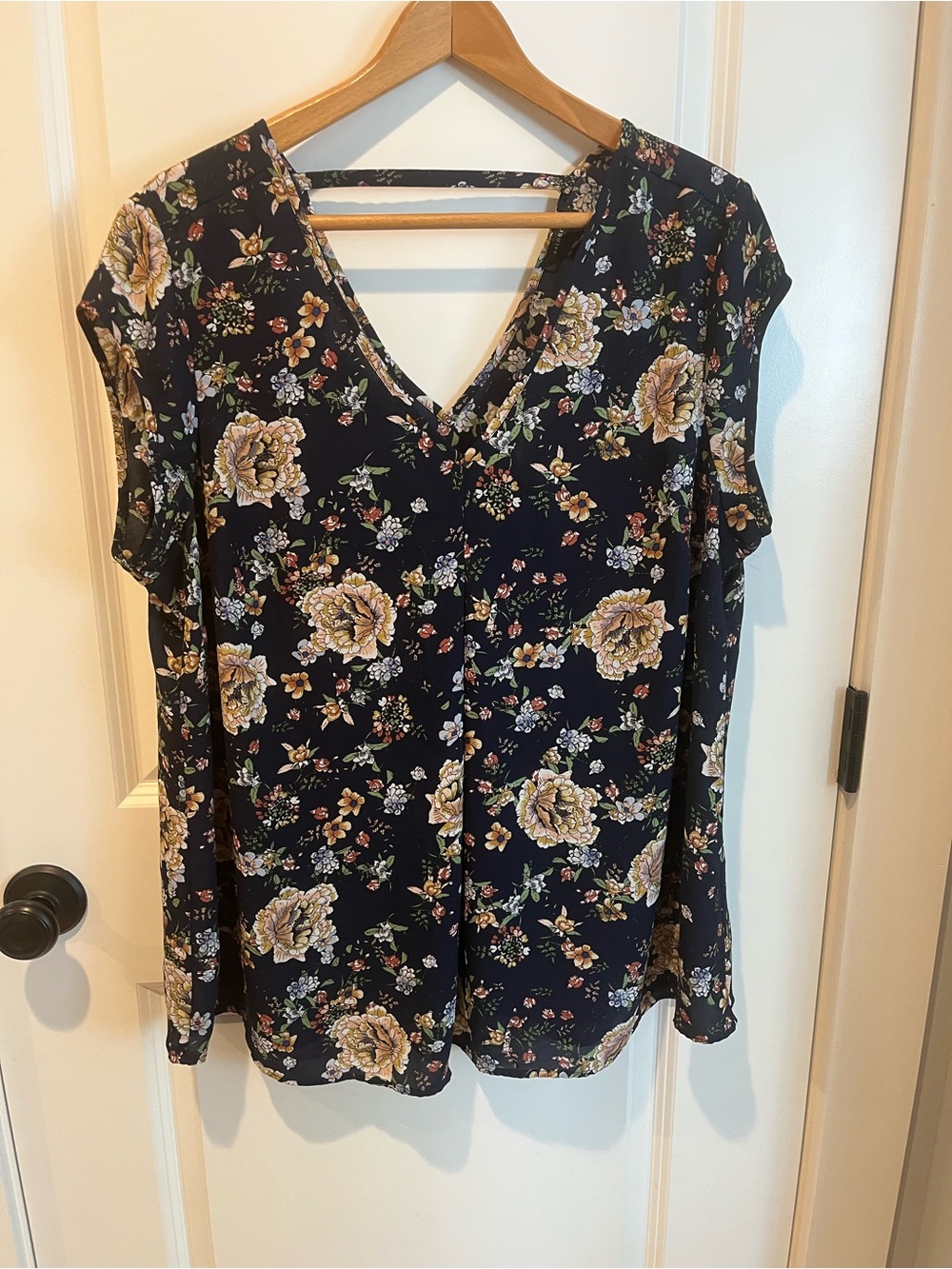 Halogen Navy Floral V-Neck Blouse with Yellow Rose Print